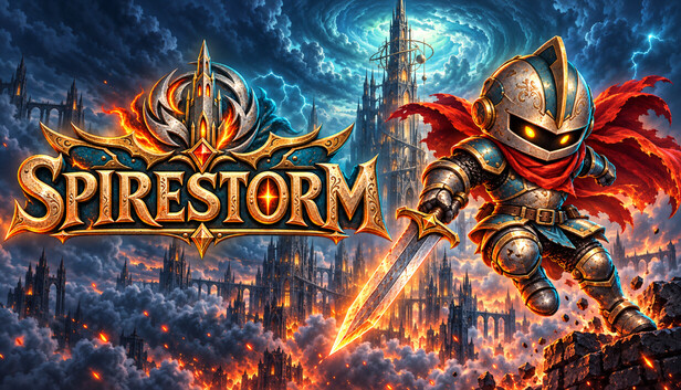Spirestorm key art — an armored knight with a flaming sword leaps toward gothic towers under a lightning-filled stormy sky in NextGenRunGames' arcade-action roguelite, whose free browser demo is live with Steam wishlists open ahead of a planned March 2027 launch