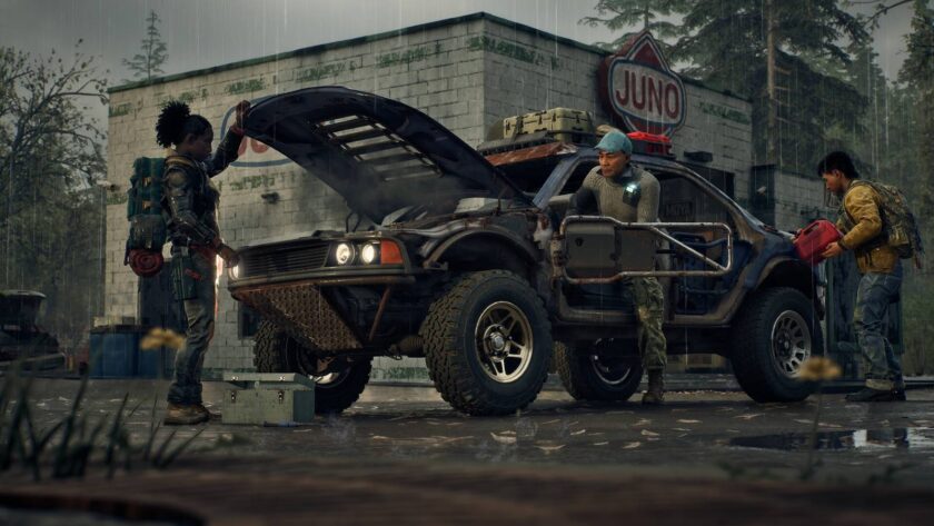 State of Decay 3 official screenshot — survivors repair a rugged vehicle in the rain in Undead Labs' zombie survival sequel, whose first beta test is starting soon on PC before Xbox and PlayStation