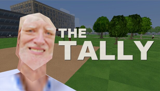 The Tally cover — a deliberately low-poly PS2-era park scene with blocky trees and buildings behind a smiling low-poly face, with pixelated THE TALLY title text, from Olivia Gonsher's PS2-style comedy life sim