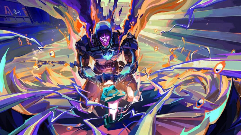 Valorant key art showing an armored agent surrounded by colorful energy effects, from Riot Games' tactical shooter — a used Ryzen 7 5800X3D recently locked its new owner out of the game through a Vanguard hardware ban