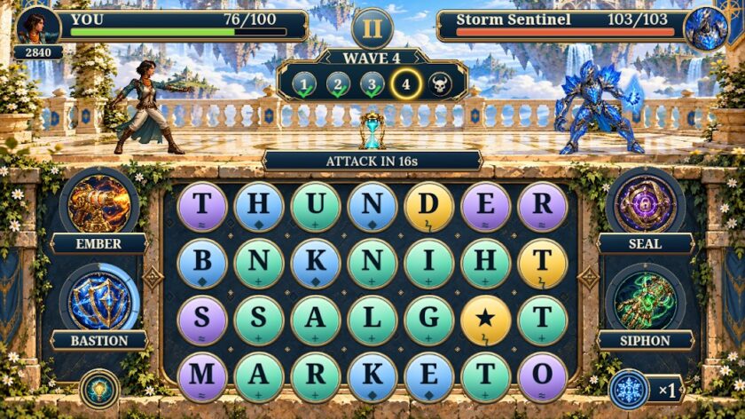 War of Words gameplay screenshot — a fantasy hero faces a Storm Sentinel while a colorful letter grid spelling THUNDER fills the bottom, with health bars, gold counter and ability icons charging from linked letters in the word-combat game