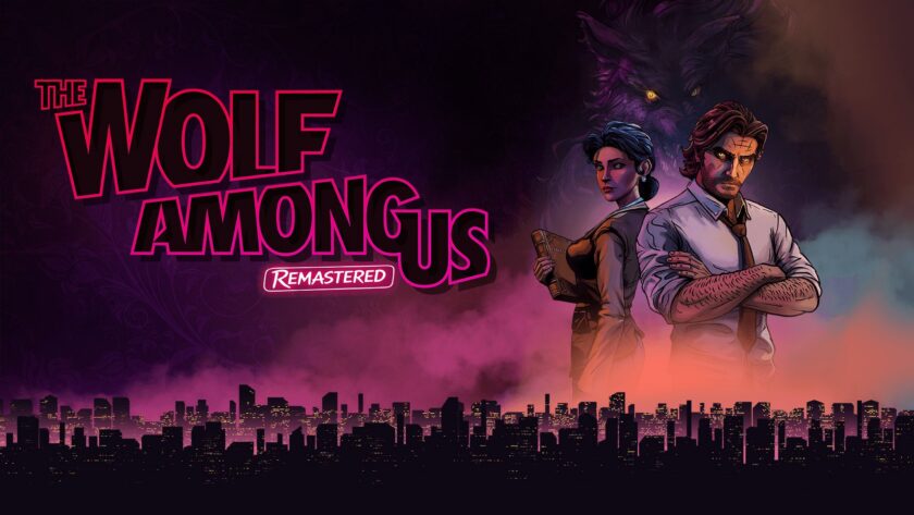 Official The Wolf Among Us Remastered art — Bigby Wolf and Snow White rendered in noir comic style with a giant wolf silhouette over the Fabletown city skyline, ahead of the October 29 launch
